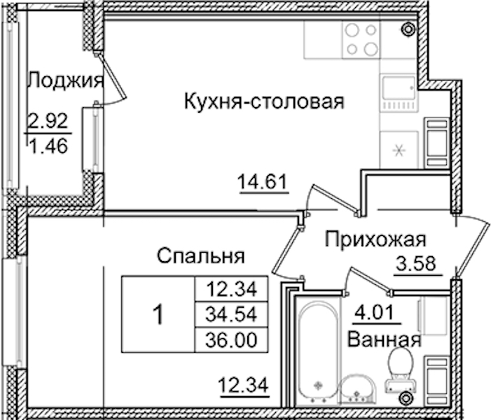 1-комнатная квартира 36 м², 7/9 эт., ЖК «Квартал Заречье»